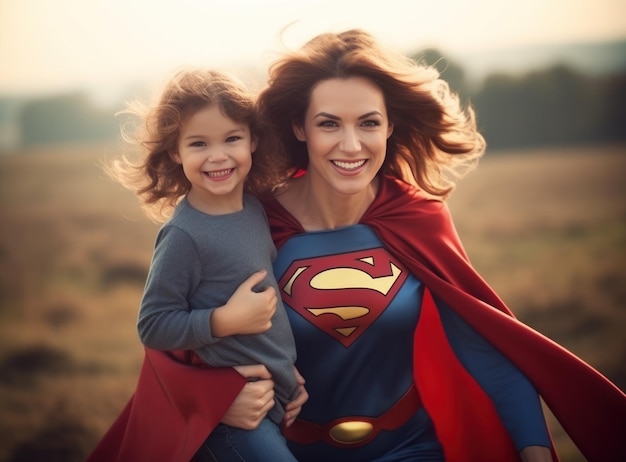 Uma mulher vestida de super-herói e sua filha de spandex segurando-a