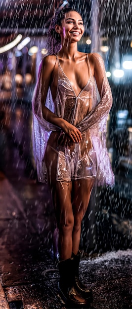 uma mulher vestindo capa de chuva sorrindo sob chuva