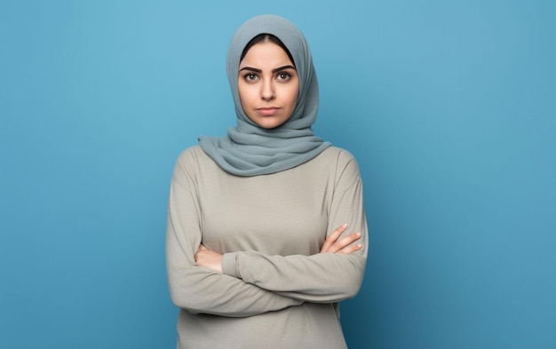 Uma mulher vestindo hijab de pé com os braços