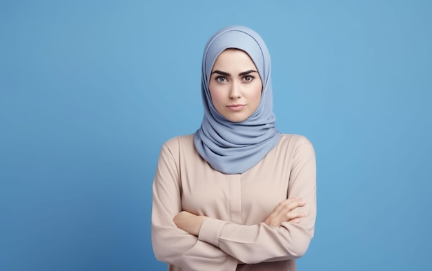 Uma mulher vestindo hijab de pé com os braços