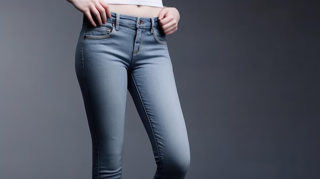 Uma mulher vestindo jeans que dizem 'na parte inferior'