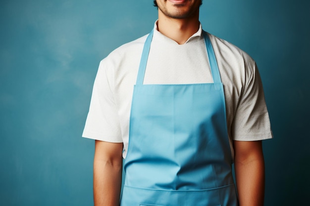 Uma mulher vestindo um avental de cozinha em um fundo de cor azul Mulher com avental de culinária cozinhando mulher