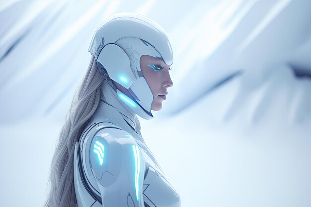 Uma mulher vestindo um capacete branco e um cyber futurista