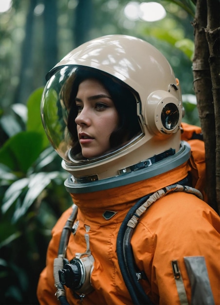 uma mulher vestindo um capacete de astronauta e um fato espacial
