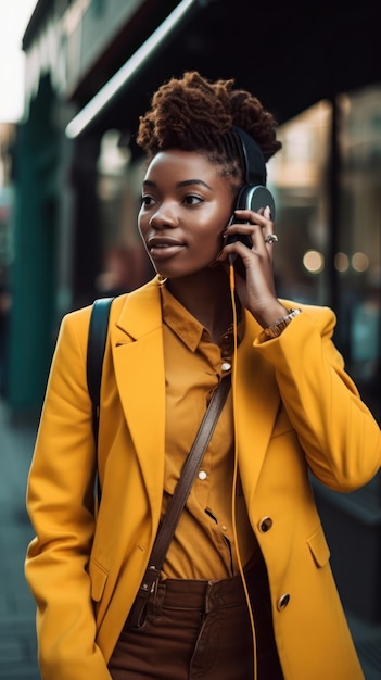 Uma mulher vestindo um casaco amarelo e um chapéu preto fala ao telefone.