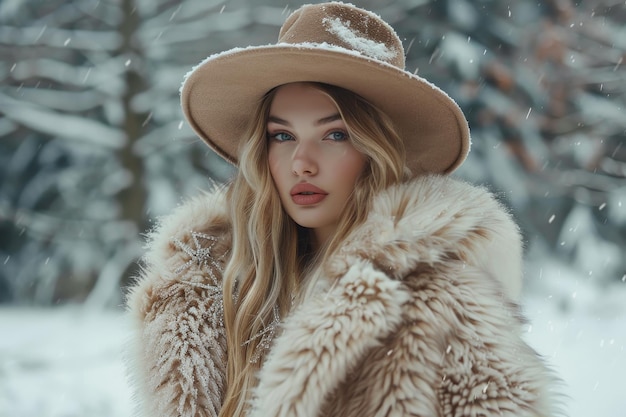 Uma mulher vestindo um casaco de pele e um chapéu castanho está de pé na neve