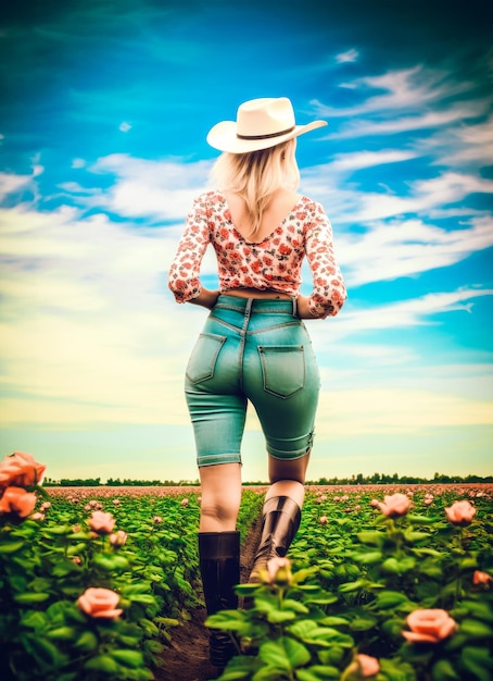 Uma mulher vestindo um chapéu de cowboy caminhando em um campo de rosas o céu acima é claro e azul