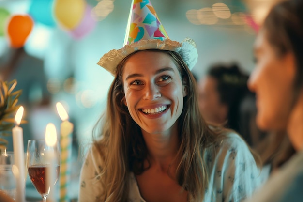 Foto uma mulher vestindo um chapéu de festa está sorrindo para a câmera