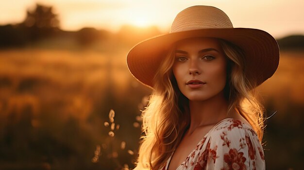 Uma mulher vestindo um chapéu de palha e um vestido gosta da vista do pôr-do-sol em um campo