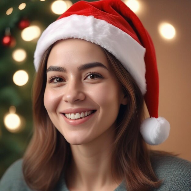 Uma mulher vestindo um chapéu de Papai Noel com um sorriso quente IA generativa