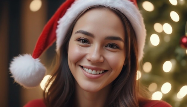 Foto uma mulher vestindo um chapéu de papai noel com um sorriso quente ia generativa