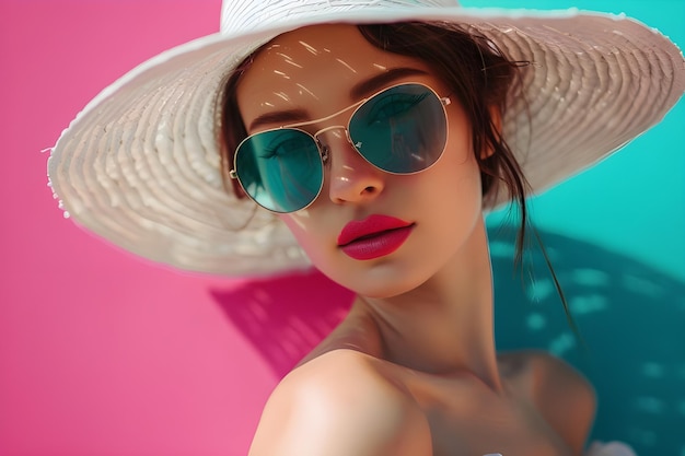uma mulher vestindo um chapéu e óculos de sol está posando para uma foto