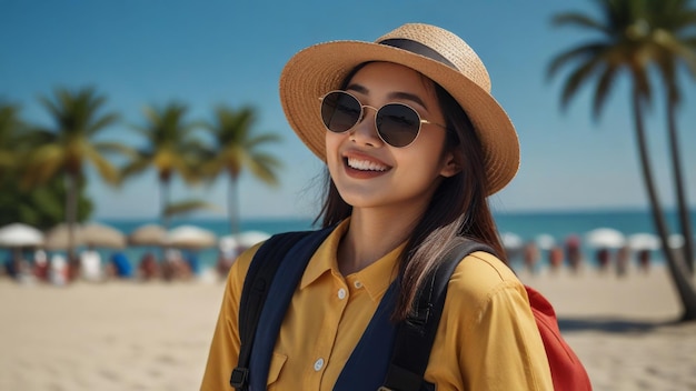 Foto uma mulher vestindo um chapéu e óculos de sol sorri na praia