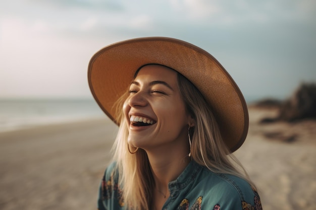 Uma mulher vestindo um chapéu e uma camisa