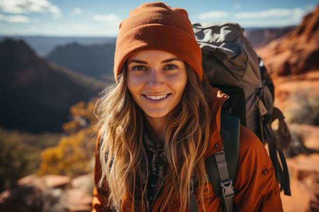 uma mulher vestindo um chapéu e uma mochila