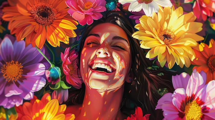 Foto uma mulher vestindo um chapéu está cercada de flores e sorrindo