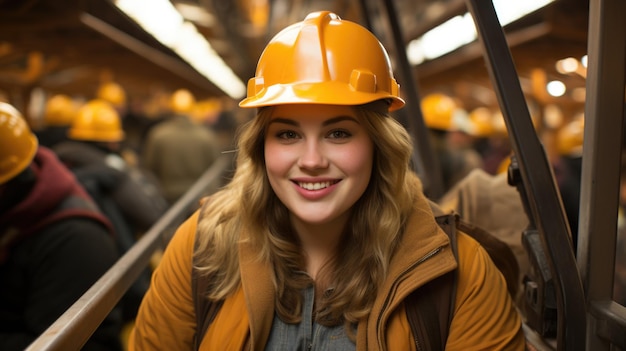 Uma mulher vestindo um chapéu laranja em uma fábrica ai