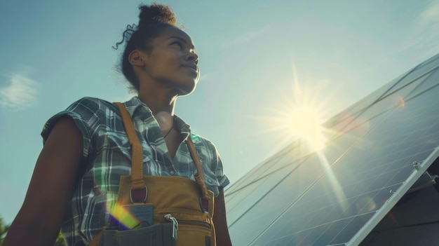 Foto uma mulher vestindo um cinto de ferramentas olha para o sol posicionando um painel para capturar mais luz solar