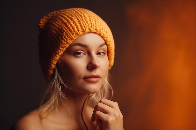 Uma mulher vestindo um gorro amarelo e um fundo preto