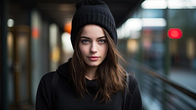 Uma mulher vestindo um gorro e suéter preto