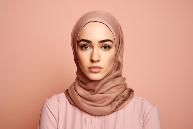 Uma mulher vestindo um hijab com uma camisa rosa