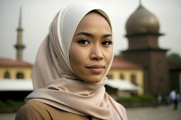 Uma mulher vestindo um hijab e um cachecol bege