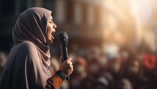 uma mulher vestindo um hijab está segurando um microfone em uma multidão