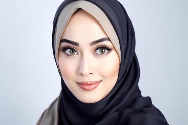 Uma mulher vestindo um hijab preto com um lenço azul