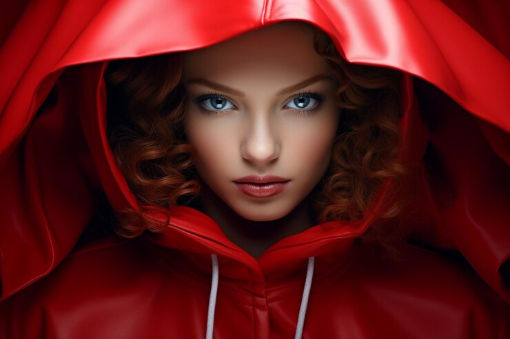 Foto uma mulher vestindo um impermeável vermelho vibrante com um capuz de pé no meio da foto de ai