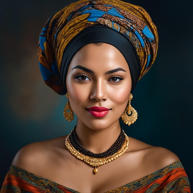 Foto uma mulher vestindo um lenço de cabeça colorido e jóias de ouro