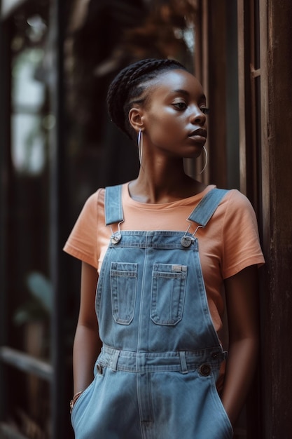 Uma mulher vestindo um macacão jeans azul está em frente a uma porta de madeira.