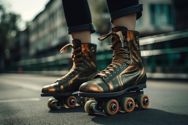 Uma mulher vestindo um par de patins está na rua.