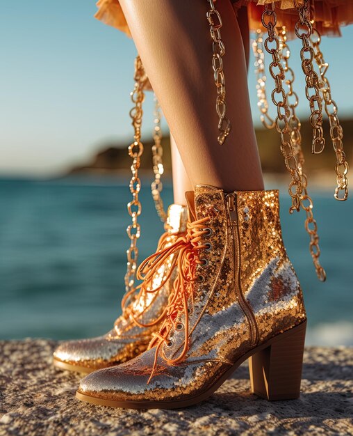 Foto uma mulher vestindo um par de sapatos de salto alto dourado está em uma praia com o oceano ao fundo