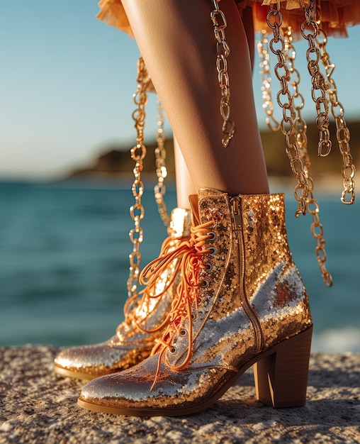 Foto uma mulher vestindo um par de sapatos de salto alto dourado está em uma praia com o oceano ao fundo