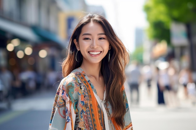 Uma mulher vestindo um quimono e sorrindo em uma rua