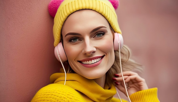 Uma mulher vestindo um suéter amarelo e fones de ouvido rosa sorri e sorri.