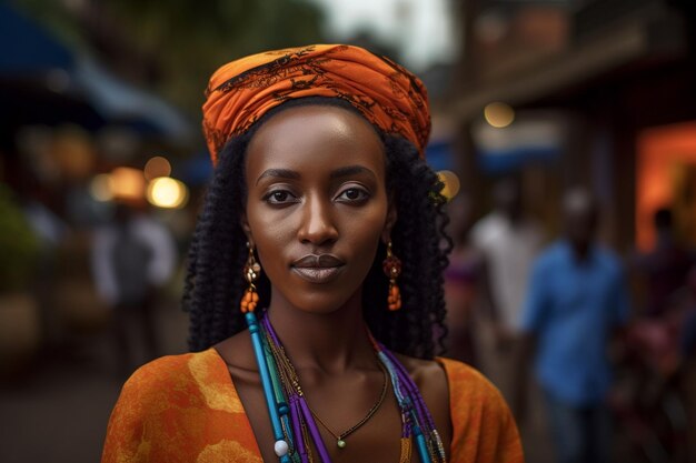 Uma mulher vestindo um tocado colorido está em frente a um mercado.