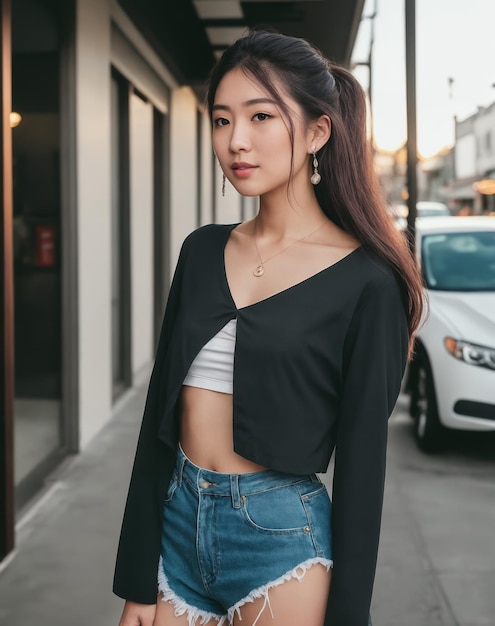 Uma mulher vestindo um top preto e uma camisa branca está parada na calçada.