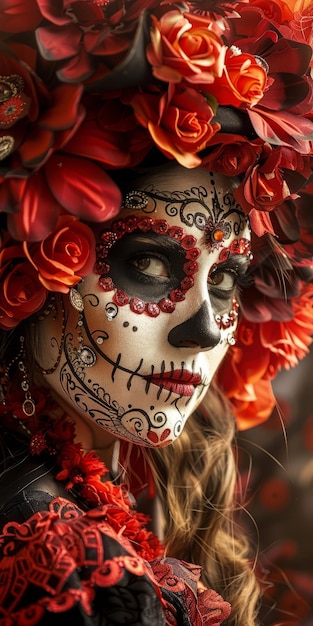 Uma mulher vestindo um tradicional tocado de flores mexicano