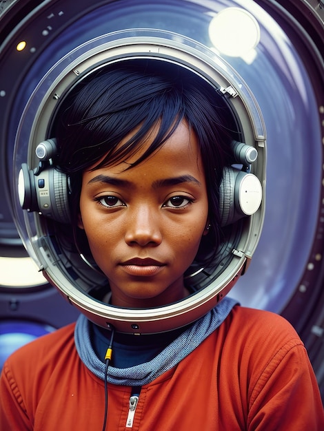 Uma mulher vestindo um traje espacial e um capacete