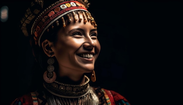 Uma mulher vestindo um traje tradicional está sorrindo.