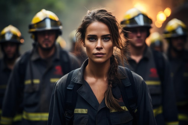 uma mulher vestindo um uniforme de bombeiro andando com outras pessoas