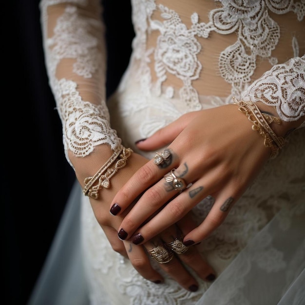 uma mulher vestindo um vestido branco com pulseiras de ouro e prata