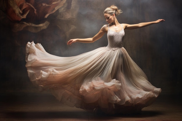 Uma mulher vestindo um vestido branco mostra suas impressionantes habilidades de dança com graça e elegância uma balerina graciosa em midpirouette AI gerado