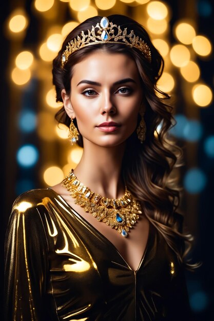 Uma mulher vestindo um vestido de ouro e uma tiara