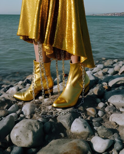 Foto uma mulher vestindo um vestido dourado está de pé em uma praia com uma cadeia ao redor de sua perna