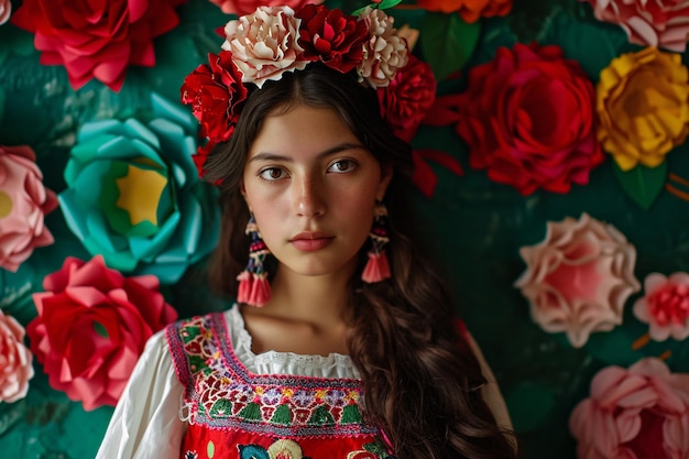 Uma mulher vestindo um vestido floral colorido e brincos