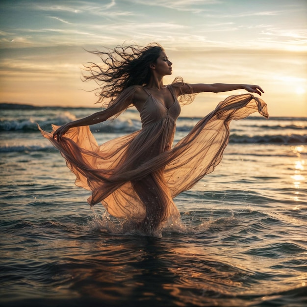 Uma mulher vestindo um vestido fluido dança no oceano durante o pôr do sol