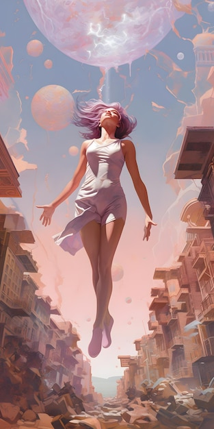 Uma mulher vestindo um vestido rosa e prateado e algumas pinturas em spray no estilo de Greg Tocchini Grav