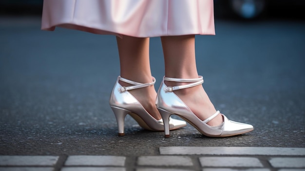 Uma mulher vestindo um vestido rosa e um sapato de salto alto prateado está em uma rua molhada.